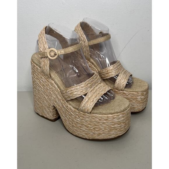 Larroude Carmen Raffia Platform Sandals Block Heel Open Toe Sandals Size 8.5 & 9 - Picture 1 of 12